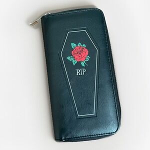 Brand New Halloween Coffin RIP Rose Zip Around Wallet Credit Card‎ Coin Holder